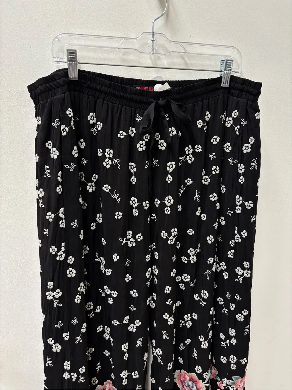 Johnny Was Black Floral Crop Wide-Leg Pants with Pink Floral Embroidery